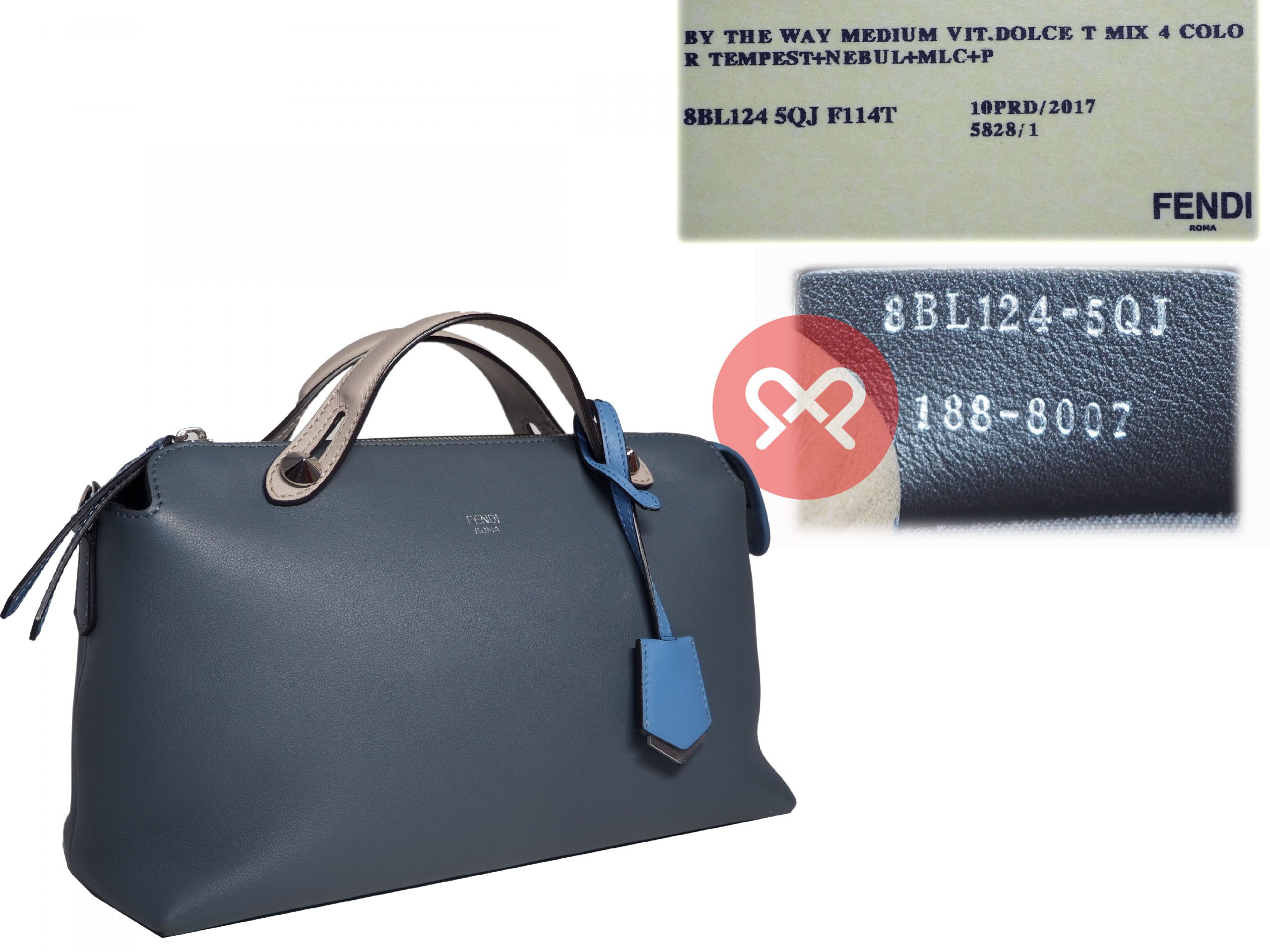Fendi 8BL1245Q BY THE WAY Regular Blue/Grey 3-Tone Leather Medium Boston Bag with Strap-35324
