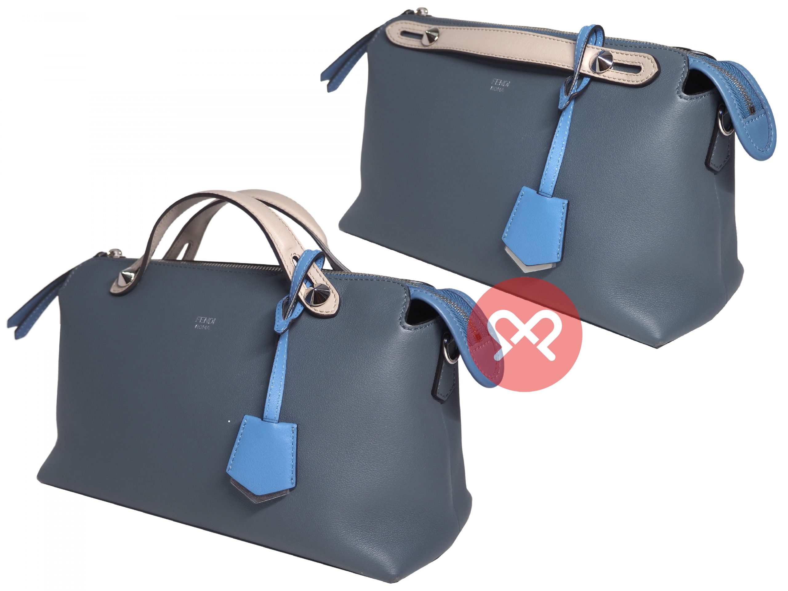 Fendi 8BL1245Q BY THE WAY Regular Blue/Grey 3-Tone Leather Medium Boston Bag with Strap-35325