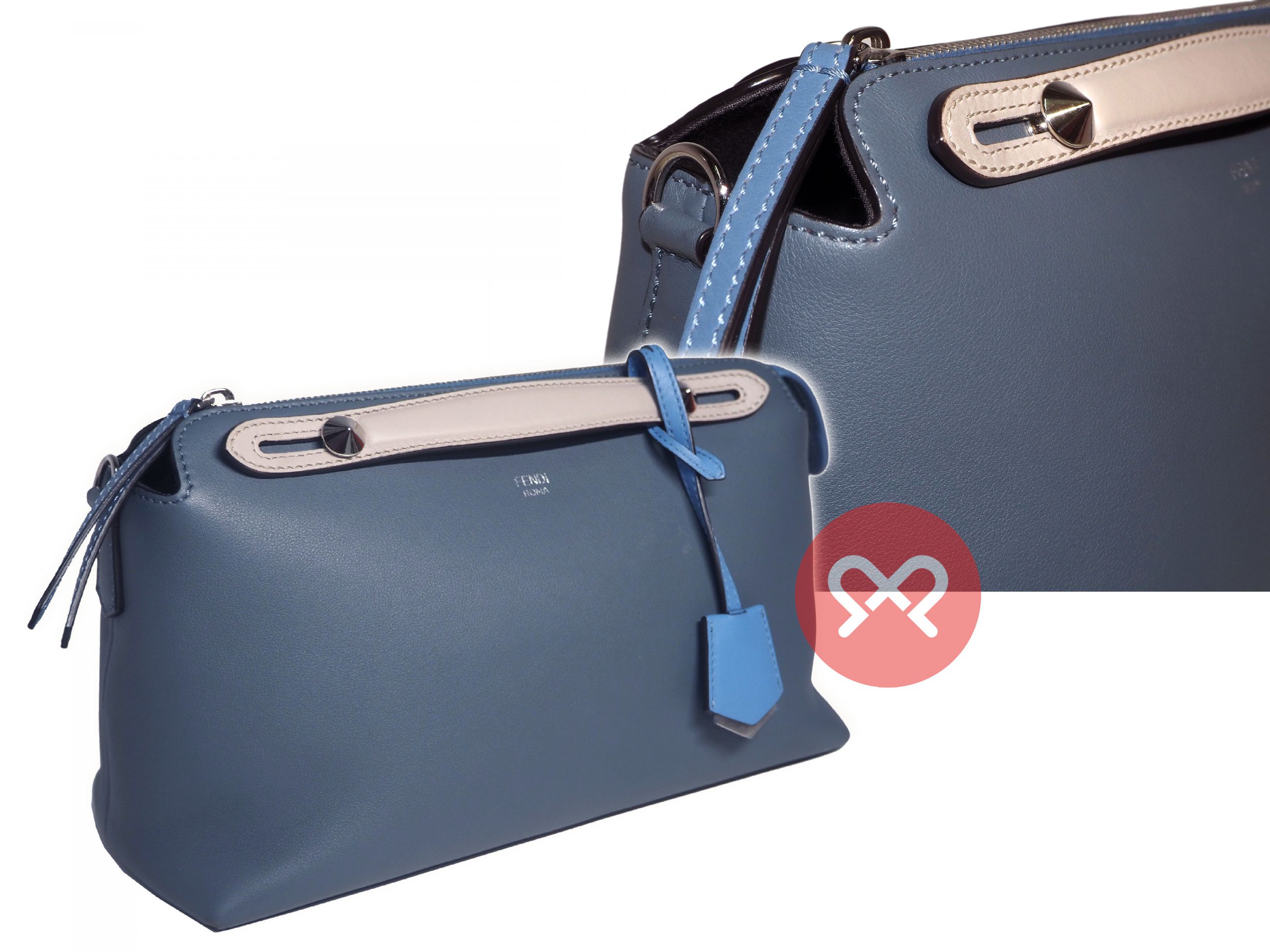 Fendi 8BL1245Q BY THE WAY Regular Blue/Grey 3-Tone Leather Medium Boston Bag with Strap-35326