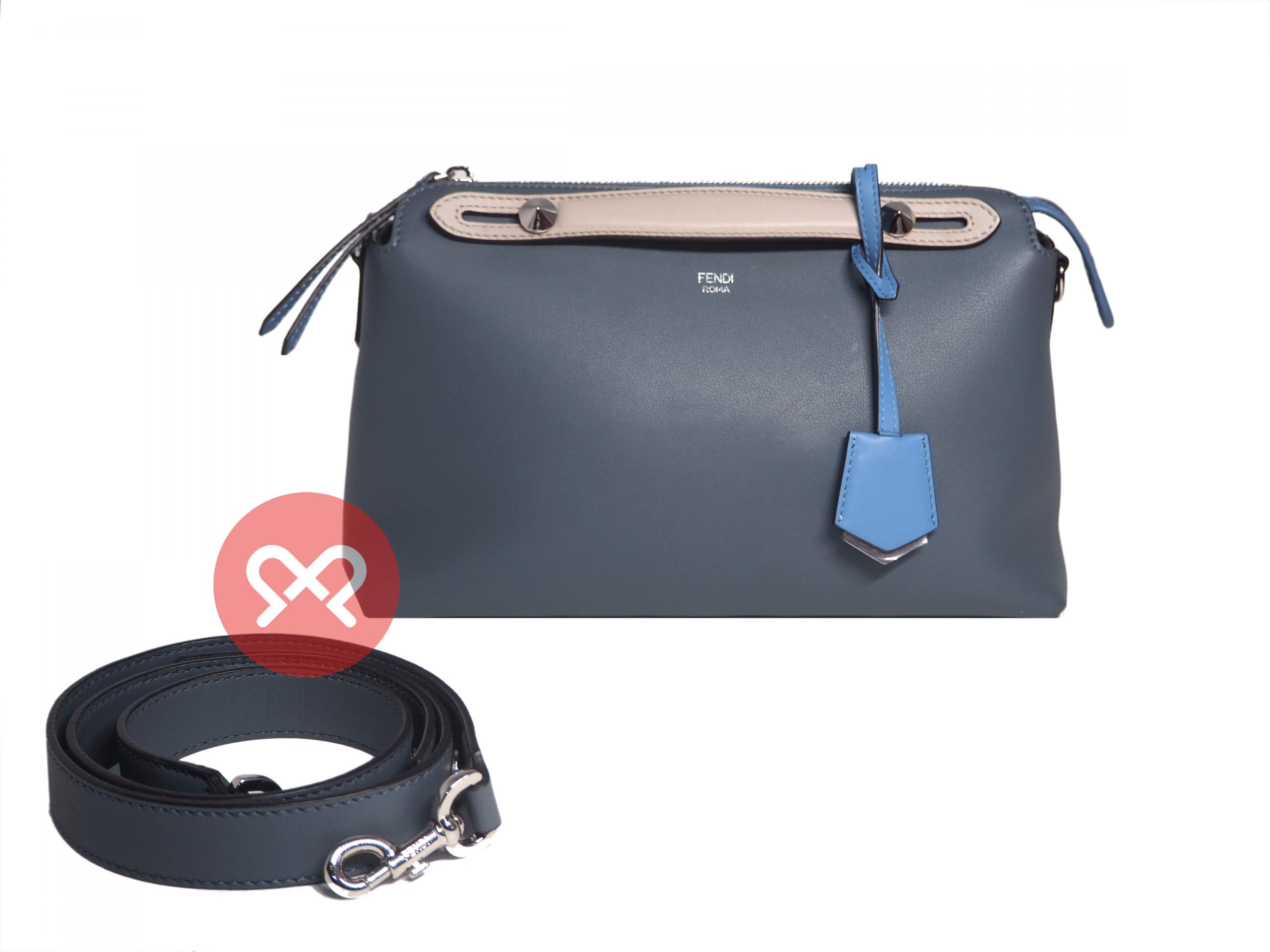 Fendi 8BL1245Q BY THE WAY Regular Blue/Grey 3-Tone Leather Medium Boston Bag with Strap-35322