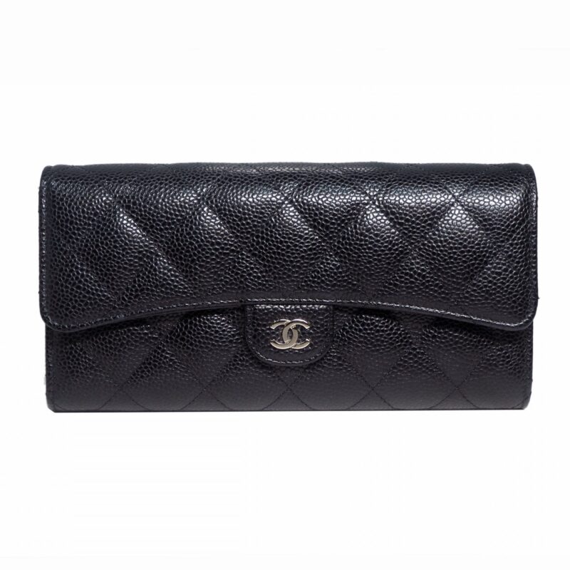 Chanel 22800751 Black Caviar A50096 Classic Flap 12 Cards Long Wallet Silver Hardware-0