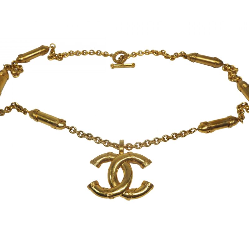 Chanel 94A Vintage Big Gold CC Logo with BULLETS Charms Necklace / Belt Chain-0