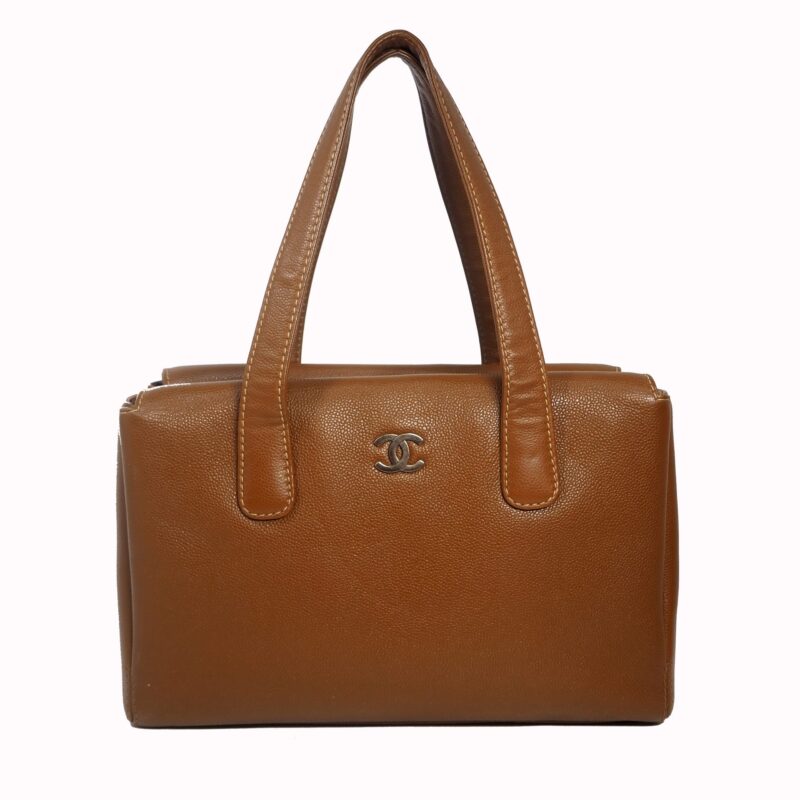 Chanel 6986124 Vintage Brown Caviar Leather Top Handles Medium Shopping Bronze Hardware-0