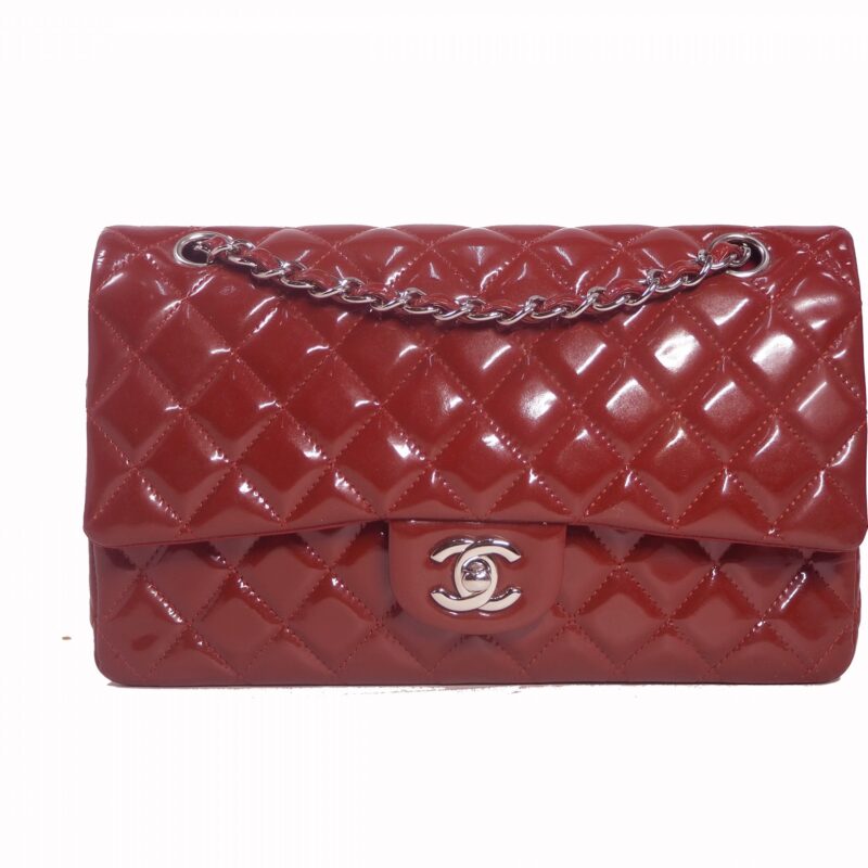 Chanel 14996174 Red Patent Medium Classic Double Flap Silver Hardware-0