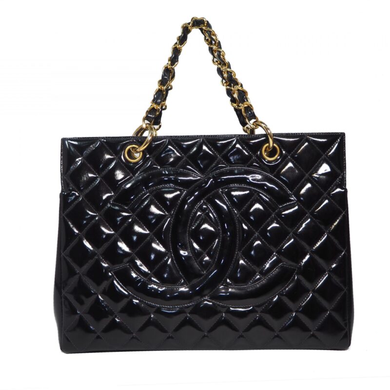 Chanel 4594128 Vintage Black Patent Double C Shopping Tote Gold Hardware-0