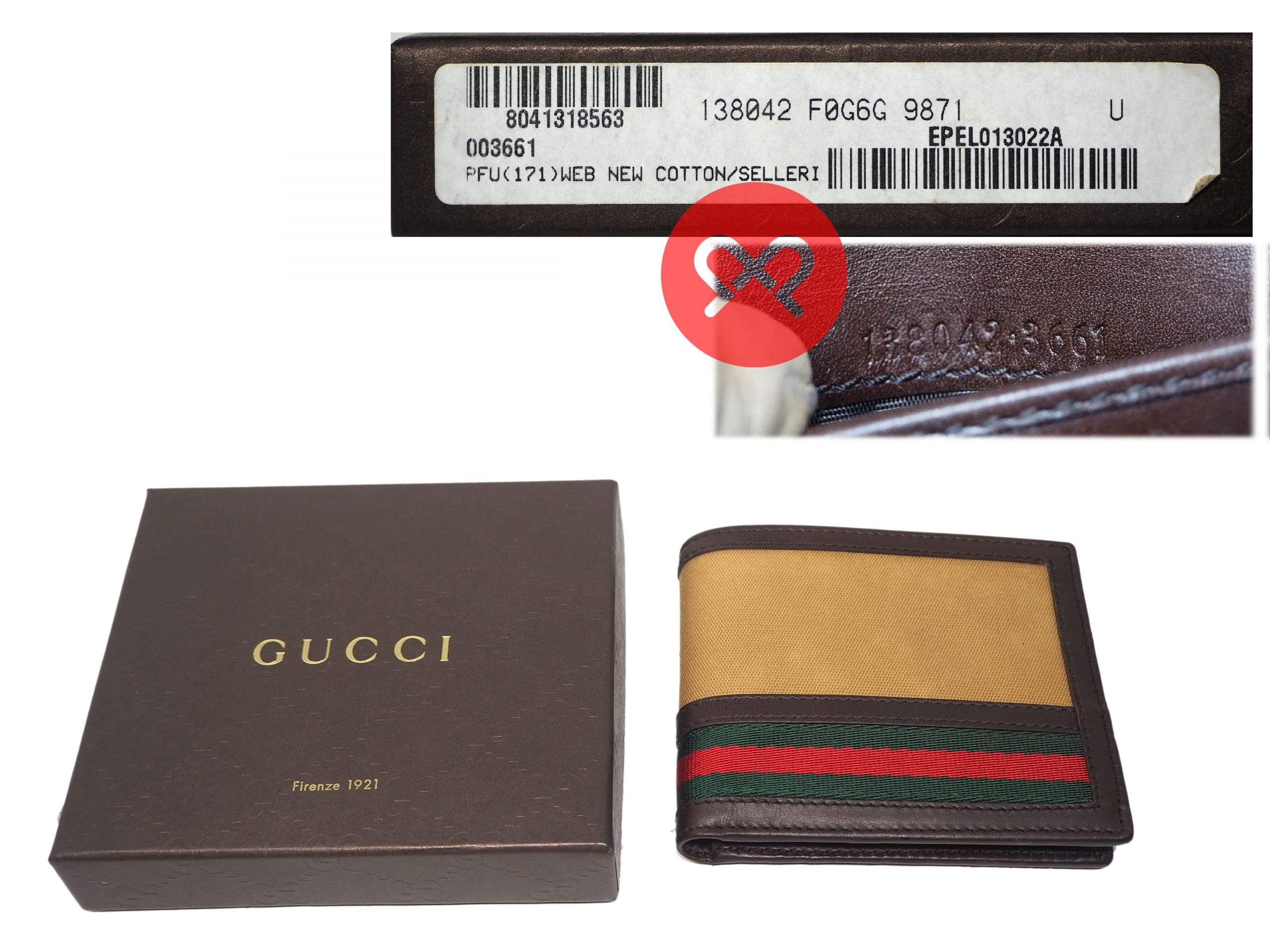 Gucci 138042 Beige/ Signature Web with Brown Leather Trim Unisex Wallet-35698