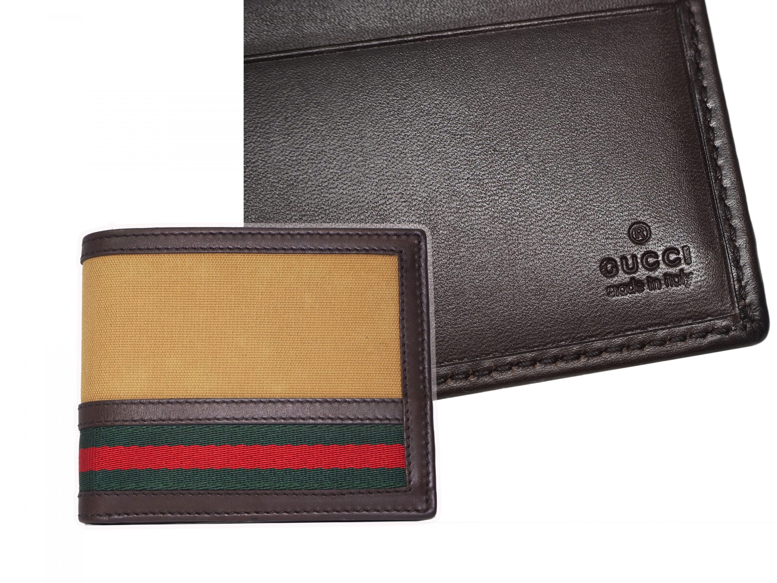 Gucci 138042 Beige/ Signature Web with Brown Leather Trim Unisex Wallet-35699