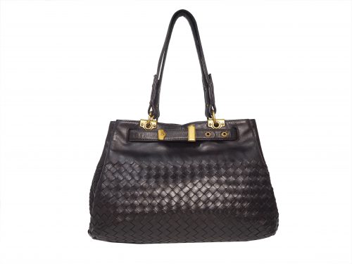 Bottega Veneta 162110 Brown Intrecciato Top Handle Two Compartment Small Tote -0