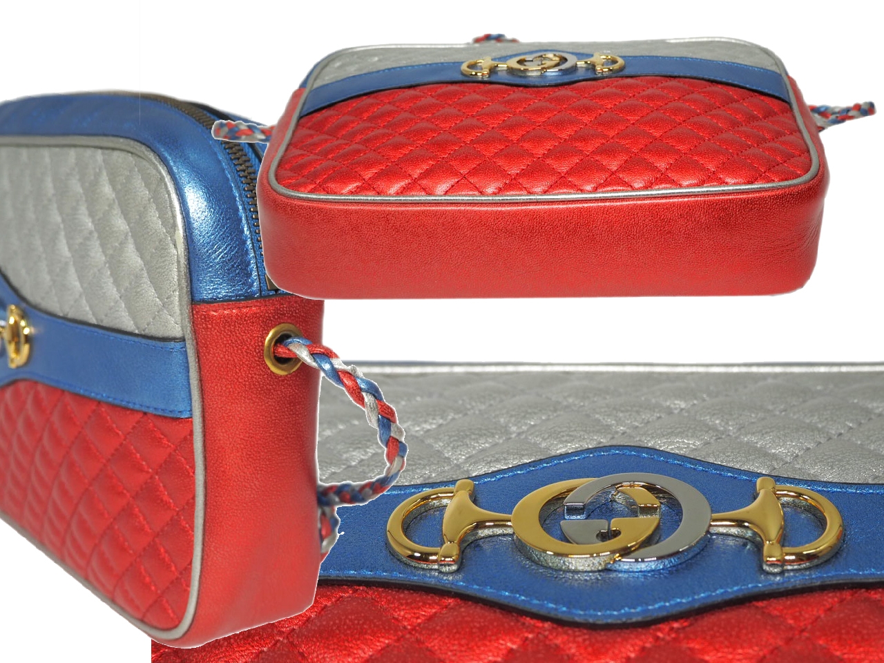 Gucci 541061 Blue/ Red/ Silver Multi Color Metallic Laminated Leather Small Shoulder/ Crossbody bag-36235