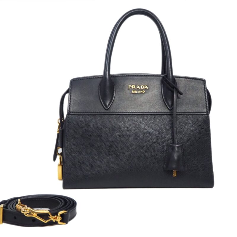 Prada 1BA045 Black Saffiano / Calf Leather Esplanade Top Handle 2-Way Tote/ Shoulder bag-0