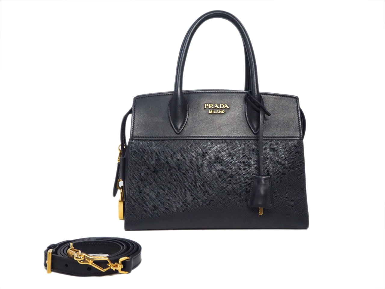 Prada 1BA045 Black Saffiano / Calf Leather Esplanade Top Handle 2-Way Tote/ Shoulder bag-0