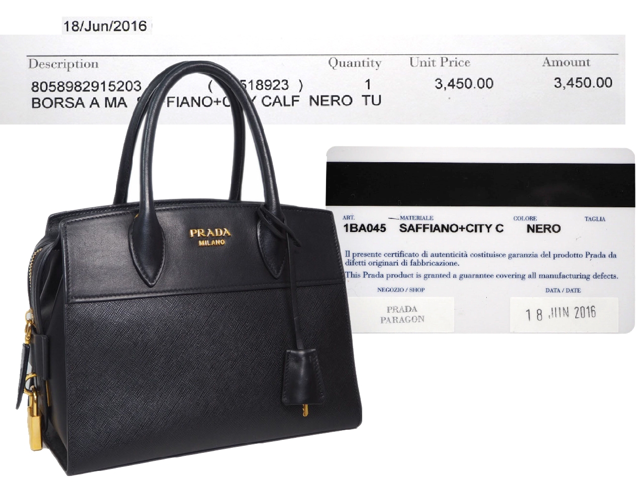 Prada 1BA045 Black Saffiano / Calf Leather Esplanade Top Handle 2-Way Tote/ Shoulder bag-36249