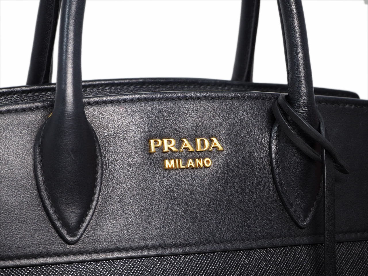 Prada 1BA045 Black Saffiano / Calf Leather Esplanade Top Handle 2-Way Tote/ Shoulder bag-36251