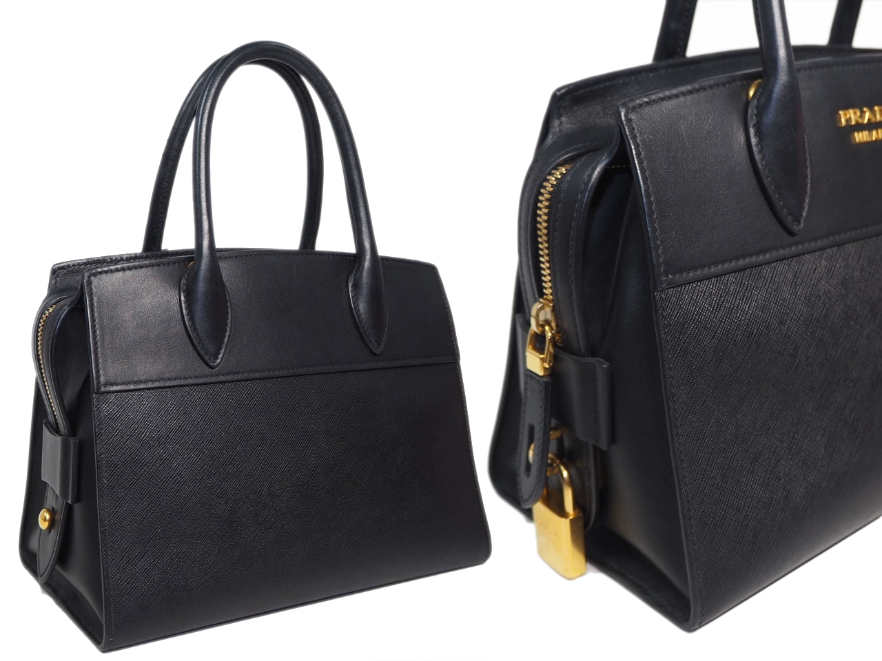 Prada 1BA045 Black Saffiano / Calf Leather Esplanade Top Handle 2-Way Tote/ Shoulder bag-36252