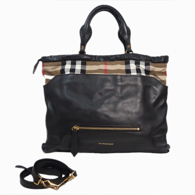 Burberry Black Soft Calf 'Big Crush - House Check' Leather Document Tote -0