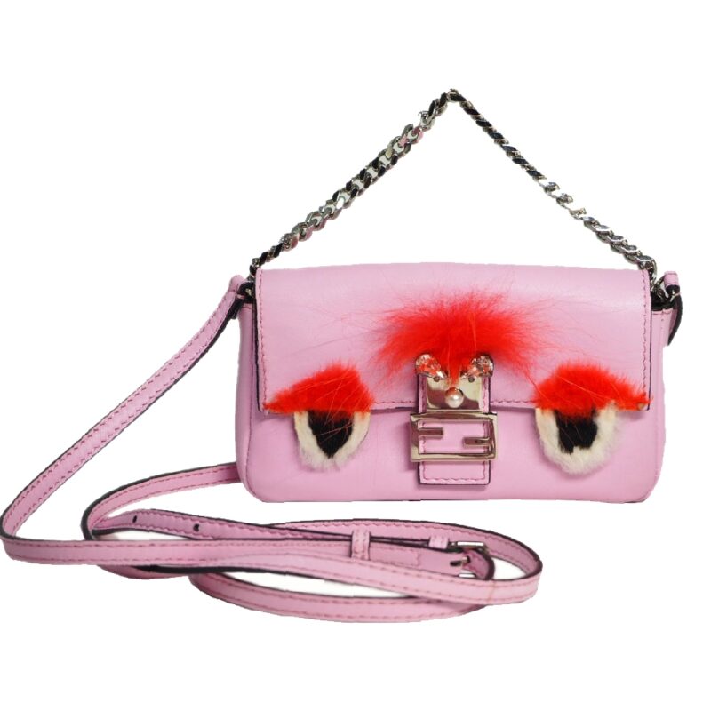 Fendi Pink Lambskin Fox Fur Monster Micro Baguette Crossbody Bag/ Bag Charm -0
