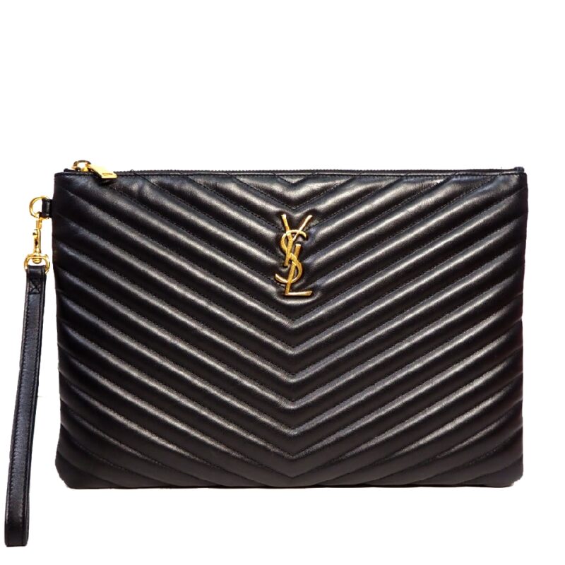 Saint Laurent/ YSL Monogram Tablet Pouch in Black Matelasse Leather -0