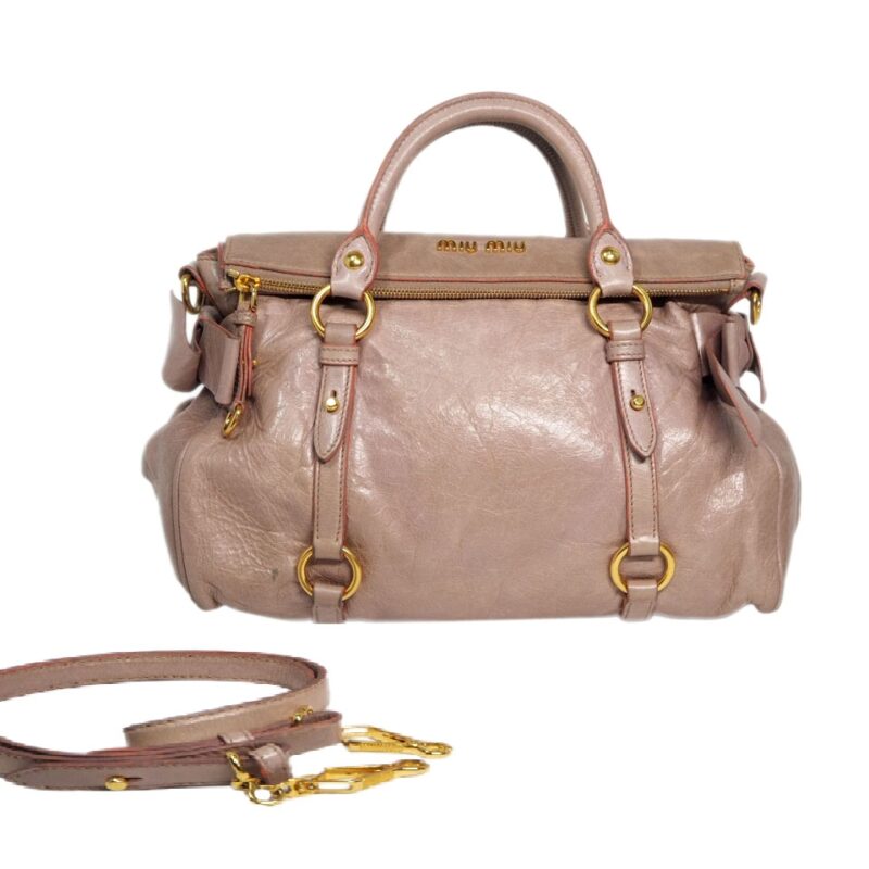 Miu Miu Pink Mughetto Distressed Vitello Lux Medium Bow Bag with Strap-0