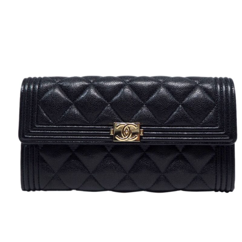 Chanel 27675793 Black Caviar Shine Gold Tone BOY CHANEL Long Flap Wallet-0