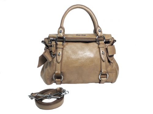 Miu Miu Beige Distressed Vitello Lux Small Bow Bag with Strap-0