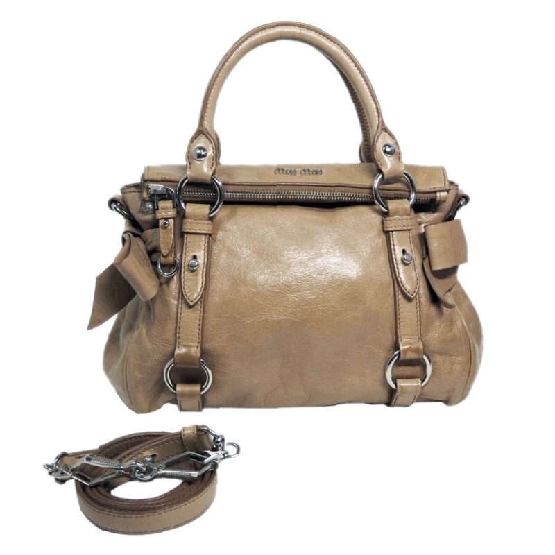 Miu Miu Beige Distressed Vitello Lux Small Bow Bag with Strap-0