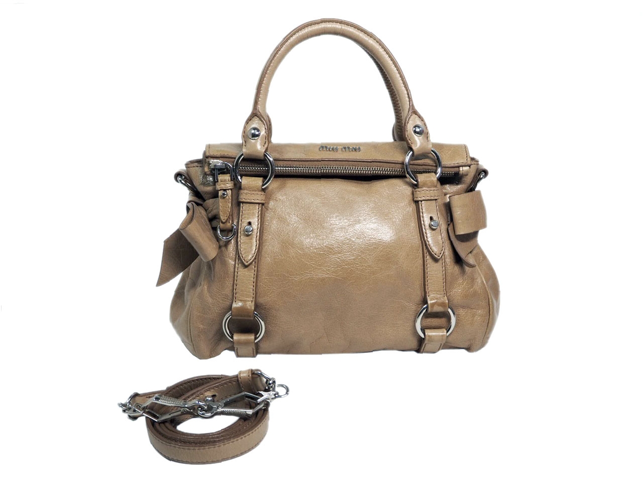 Miu Miu Beige Distressed Vitello Lux Small Bow Bag with Strap-0
