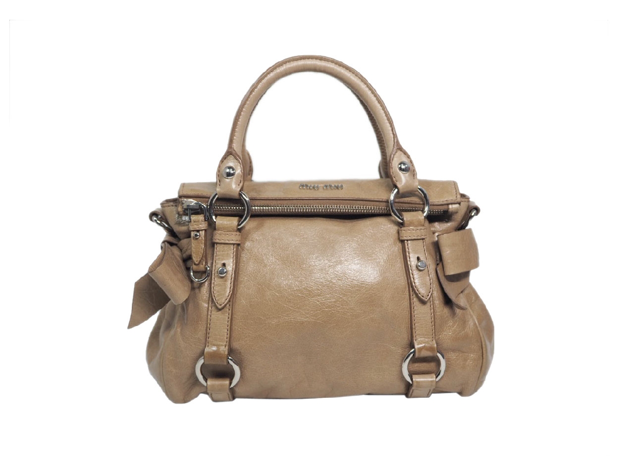 Miu Miu Beige Distressed Vitello Lux Small Bow Bag with Strap-37995