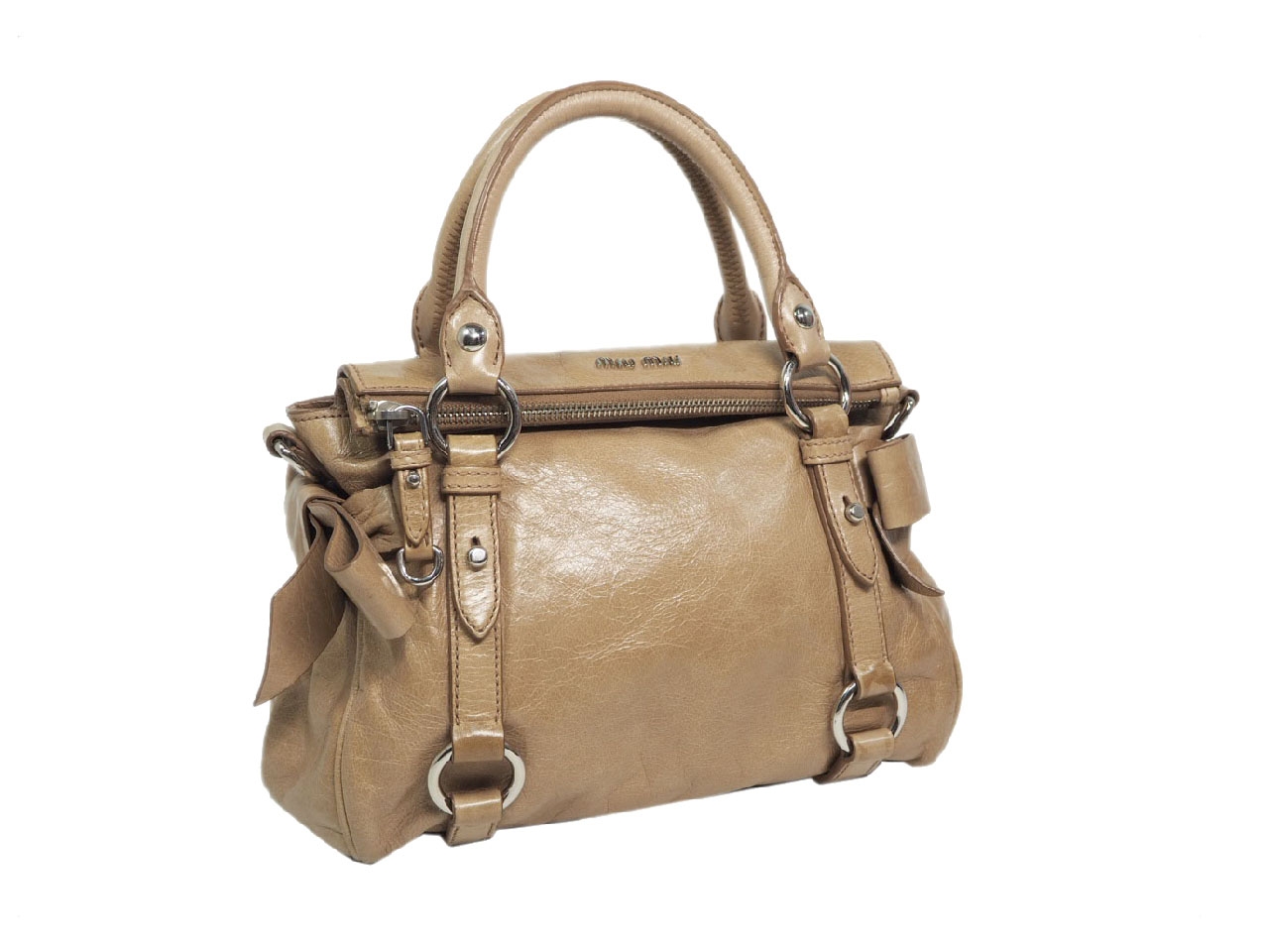 Miu Miu Beige Distressed Vitello Lux Small Bow Bag with Strap-37996
