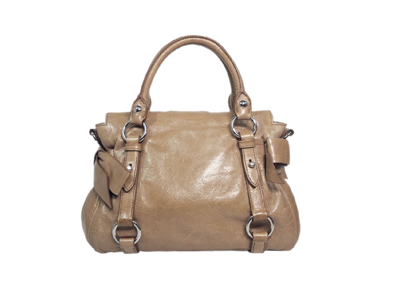 Miu Miu Beige Distressed Vitello Lux Small Bow Bag with Strap-37997