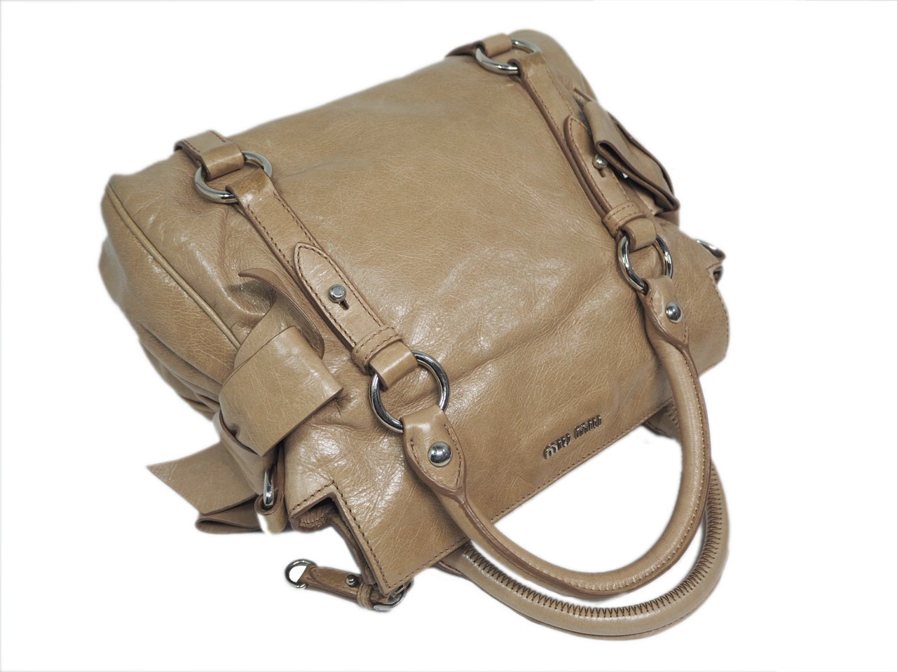 Miu Miu Beige Distressed Vitello Lux Small Bow Bag with Strap-37999