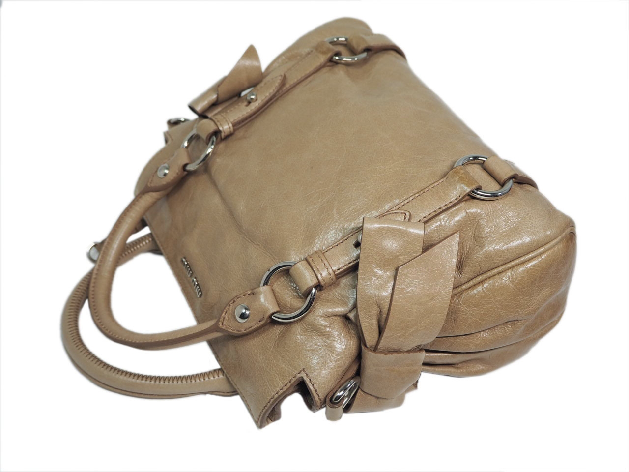Miu Miu Beige Distressed Vitello Lux Small Bow Bag with Strap-38000