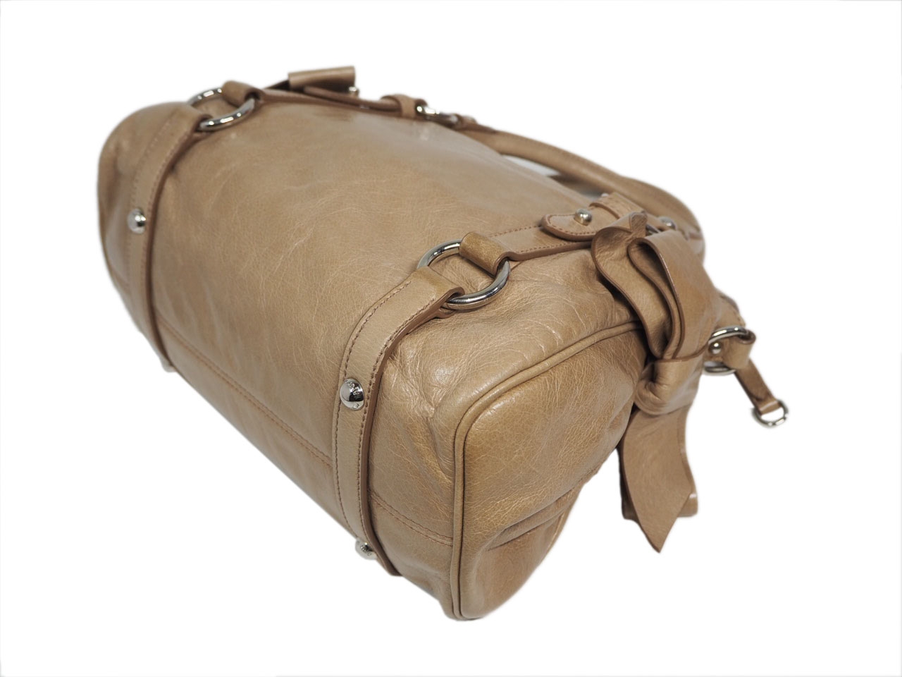 Miu Miu Beige Distressed Vitello Lux Small Bow Bag with Strap-38002