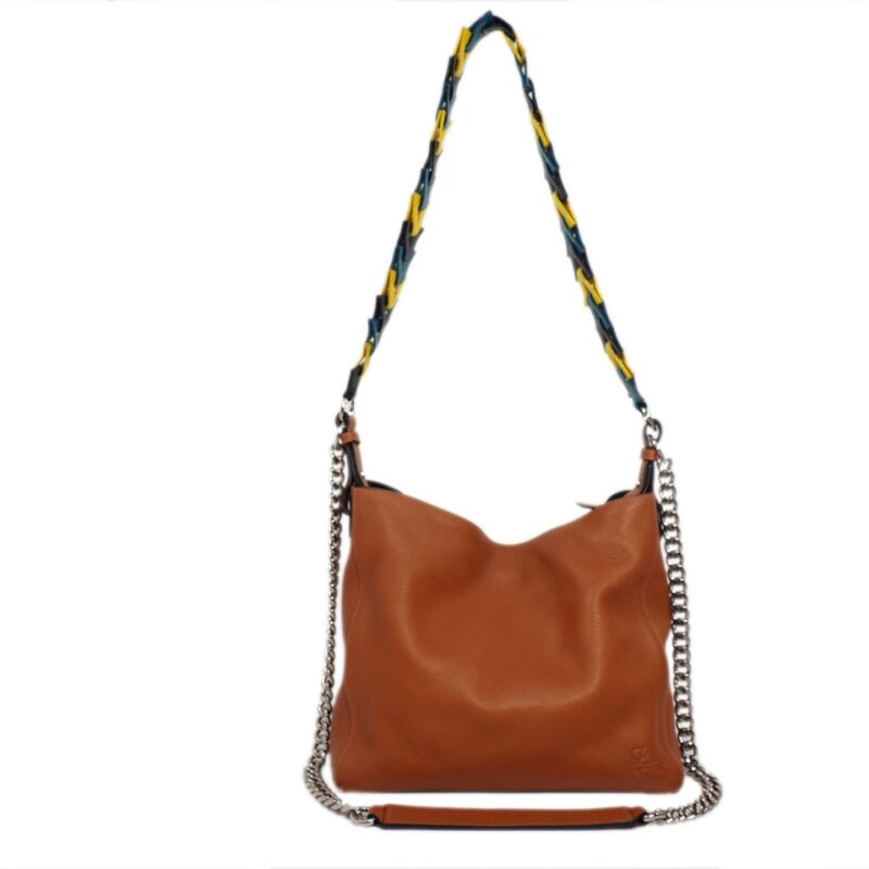 Loewe 9867151 Tan Soft Calf V Bucket with Multicolor Strap Hobo Bag-0
