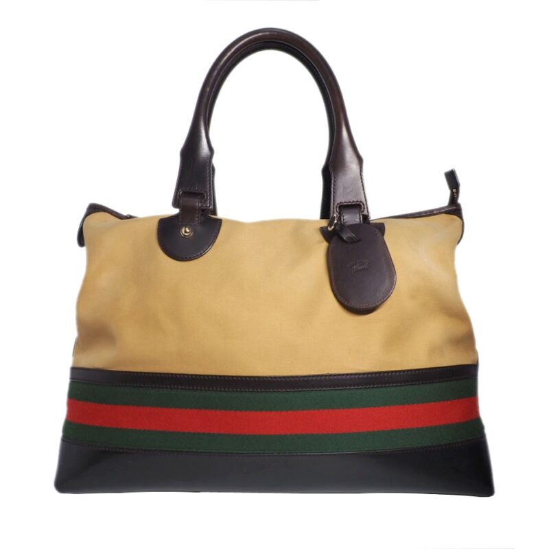 Gucci 256999 Beige Canvas Dark Brown Large Signature Web Luggage Travel Tote -0
