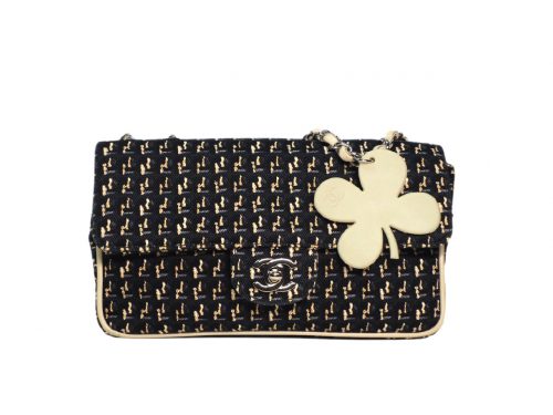 Chanel 9690585 Black/ Beige Tweed Medium Flap Clover Charm Silver-Tone Hardware-0
