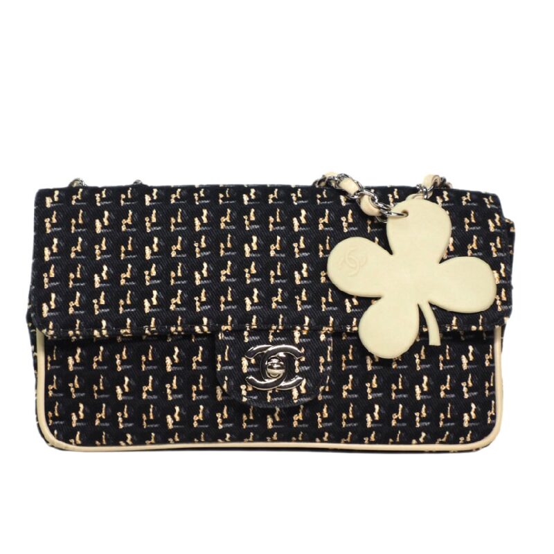 Chanel 9690585 Black/ Beige Tweed Medium Flap Clover Charm Silver-Tone Hardware-0
