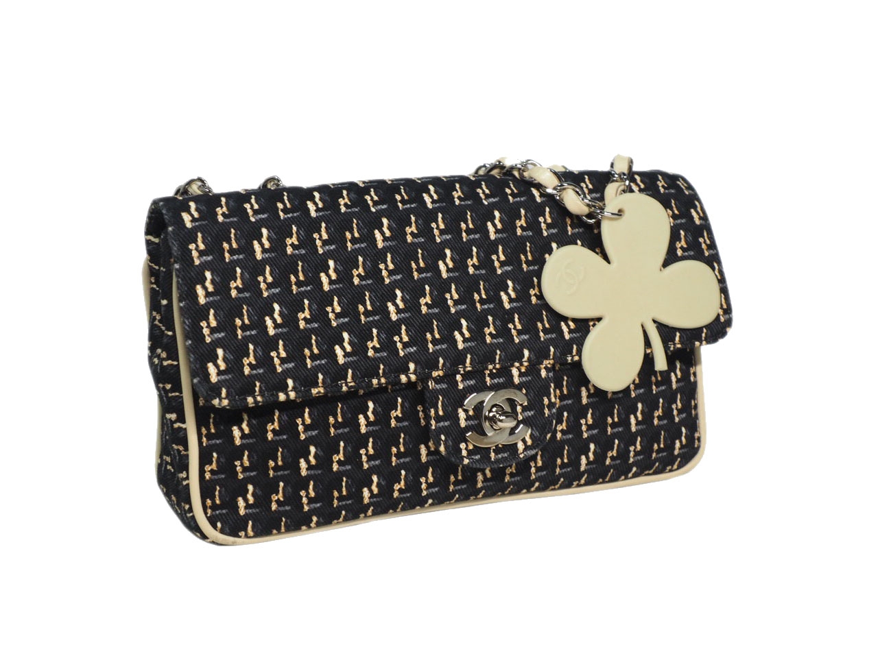 Chanel 9690585 Black/ Beige Tweed Medium Flap Clover Charm Silver-Tone Hardware-38483