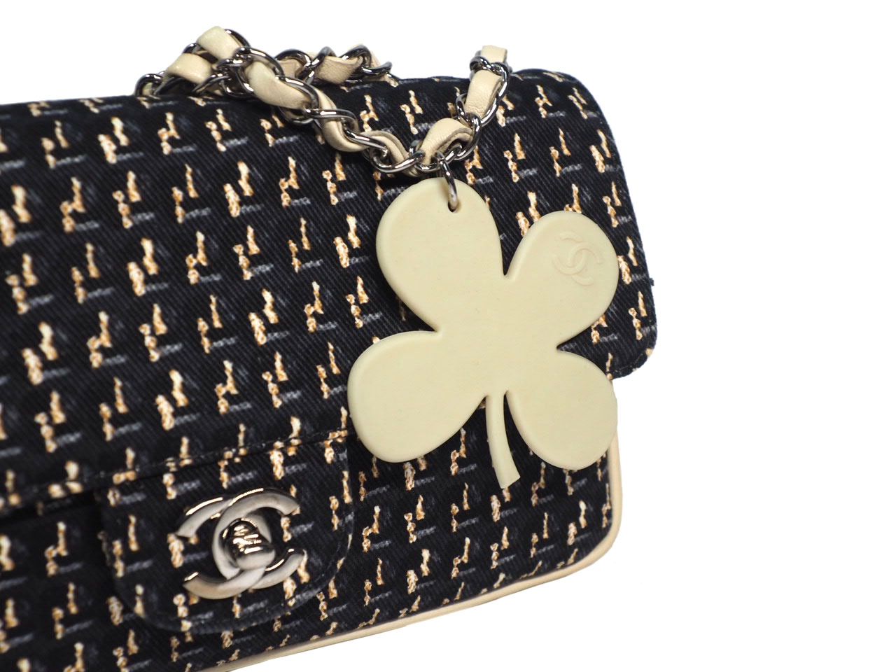 Chanel 9690585 Black/ Beige Tweed Medium Flap Clover Charm Silver-Tone Hardware-38484