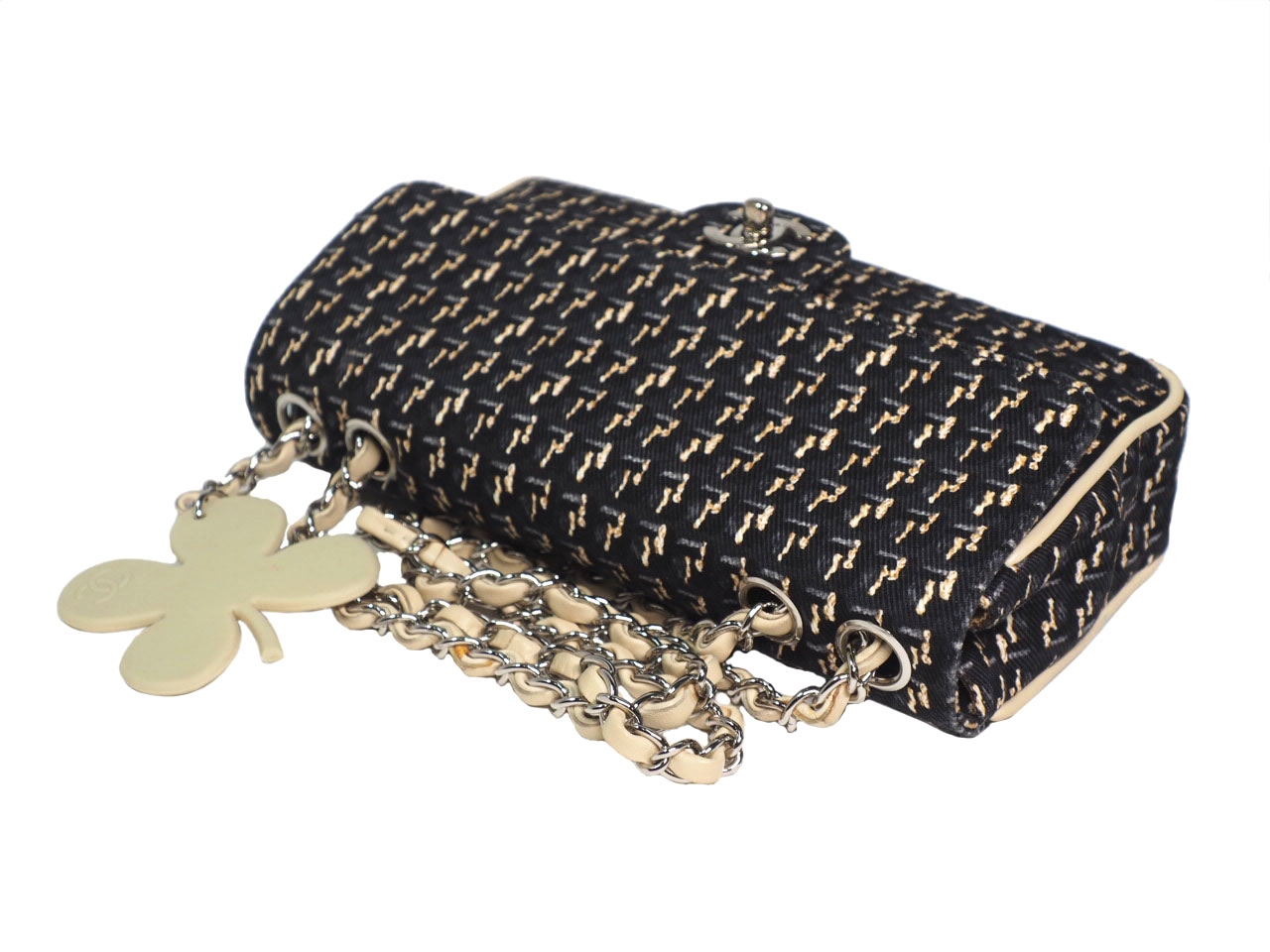 Chanel 9690585 Black/ Beige Tweed Medium Flap Clover Charm Silver-Tone Hardware-38486