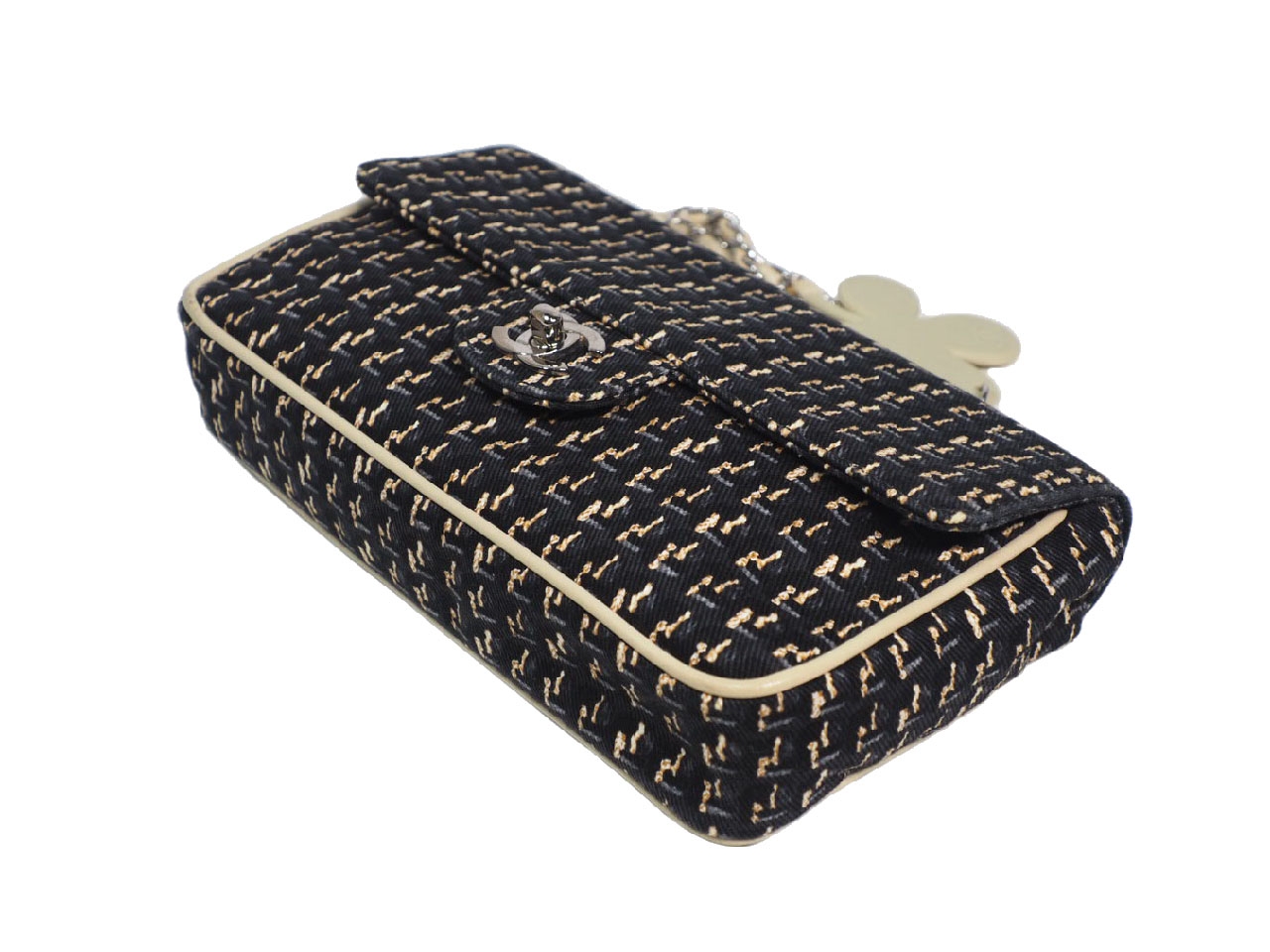 Chanel 9690585 Black/ Beige Tweed Medium Flap Clover Charm Silver-Tone Hardware-38488