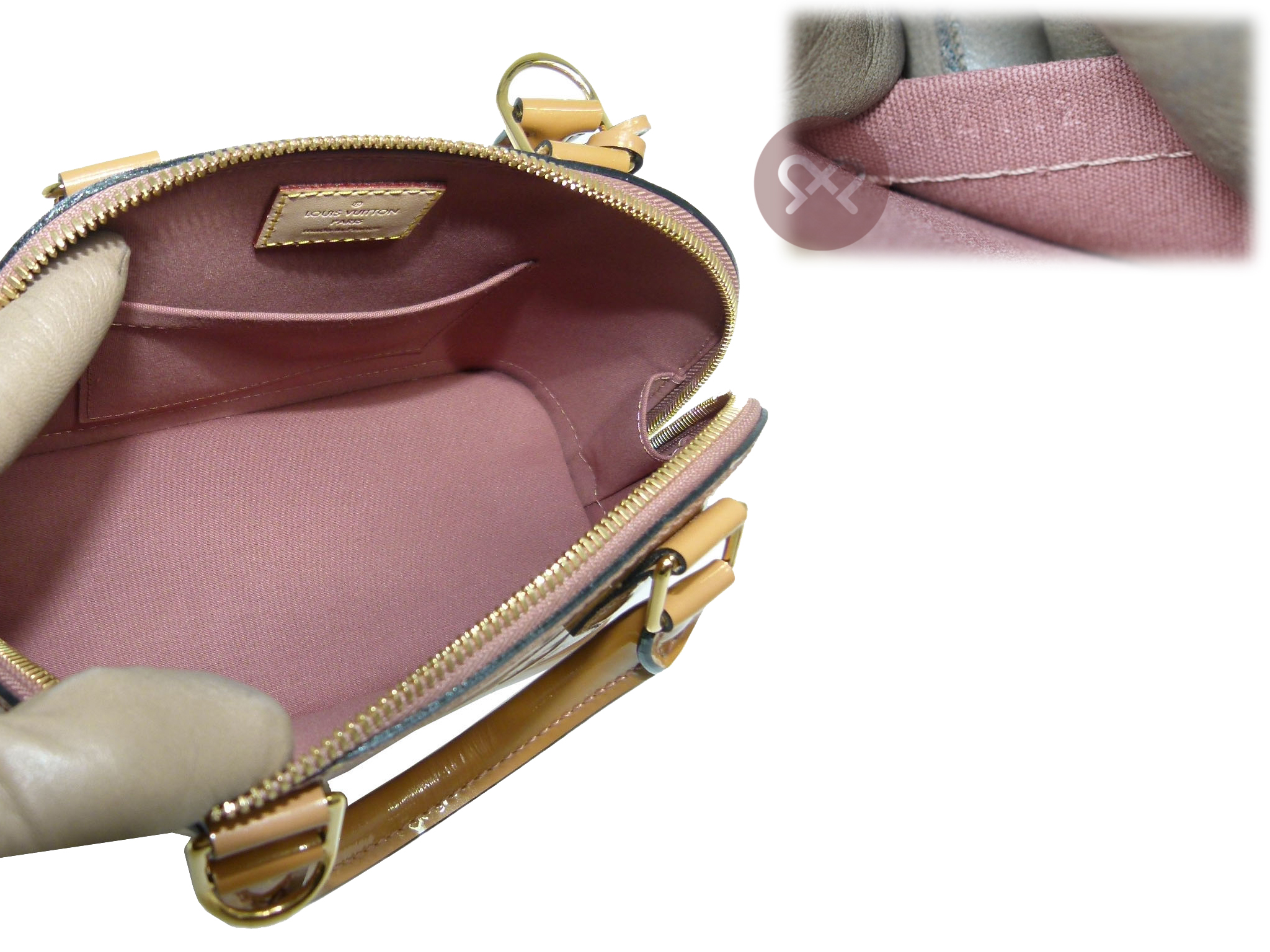 Louis Vuitton M50415 Vernis Pink Rose Ballerine/ Beige Alma BB Tote w Strap (MI4112) - Image 7