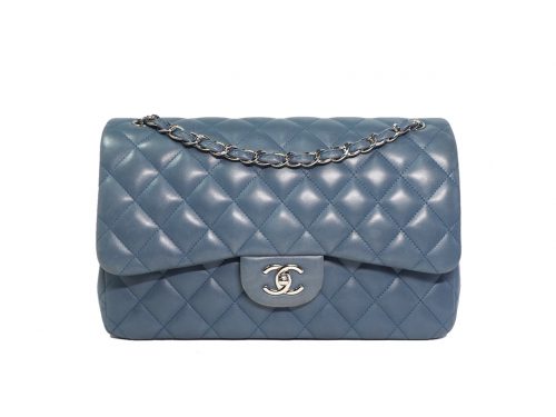 Chanel 16866892 Blue Lambskin Jumbo Large Classic Double Flap Silver Metal Hardware (A58600)-0