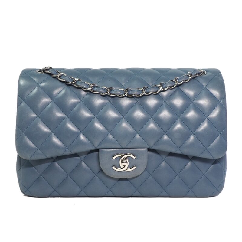 Chanel 16866892 Blue Lambskin Jumbo Large Classic Double Flap Silver Metal Hardware (A58600)-0