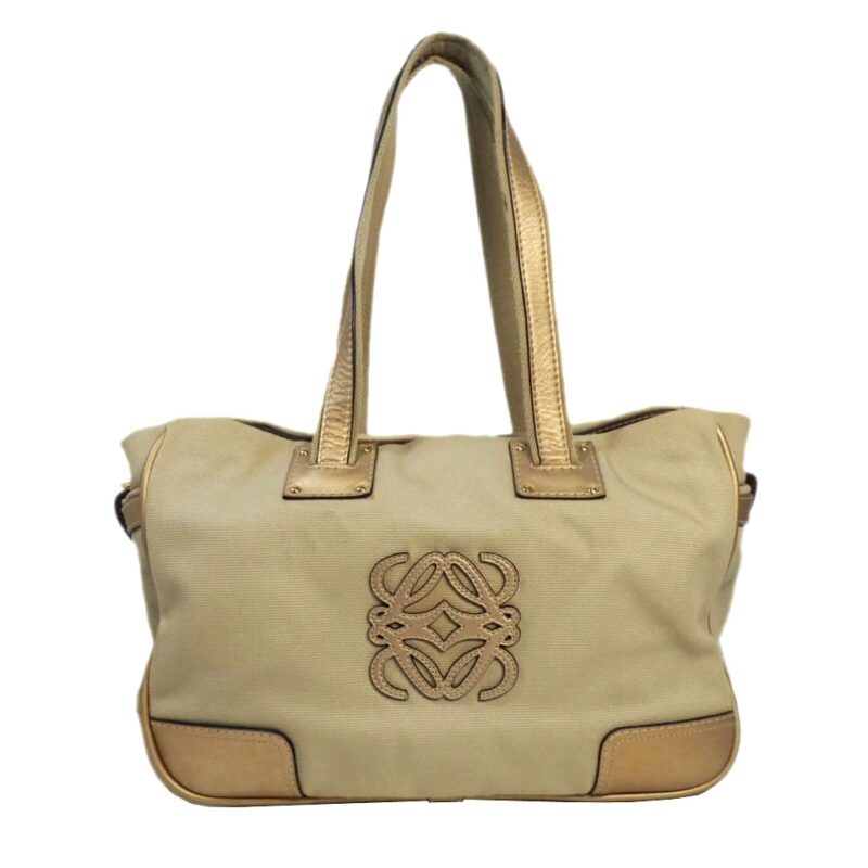 Loewe 345.55.072 Beige Canvas Gold Leather Trim Document/ Shopping Tote-0