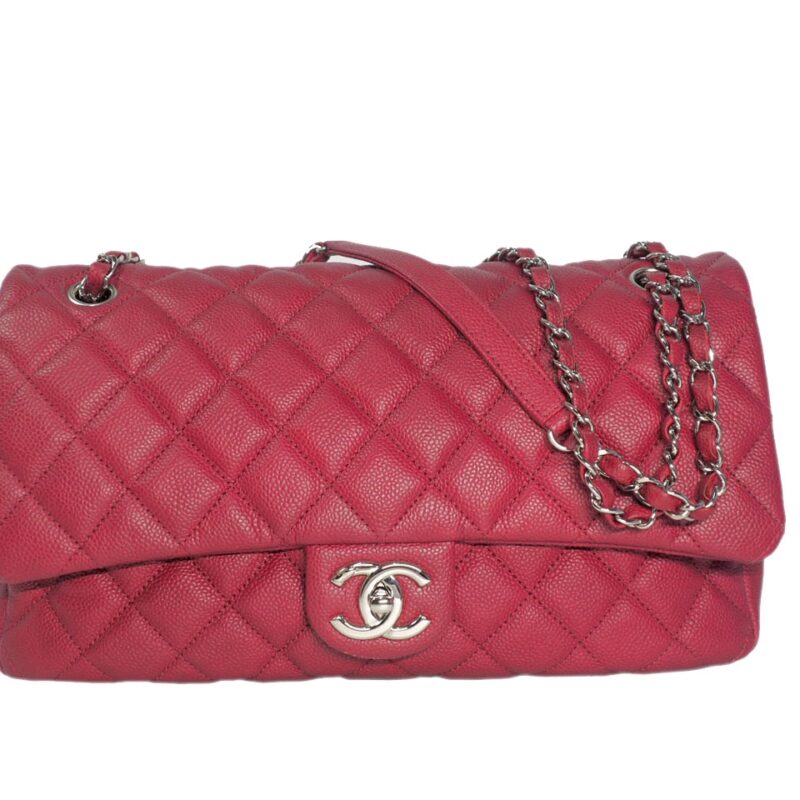 Chanel 20305554 Red Caviar Easy Flap (Basic Flap ) Jumbo Silver Metal-0