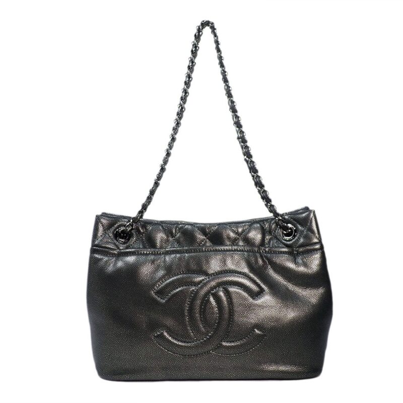 Chanel 14983305 Silver Grey Quilted Caviar Leather Timeless CC Soft Shopping Tote Bag-0