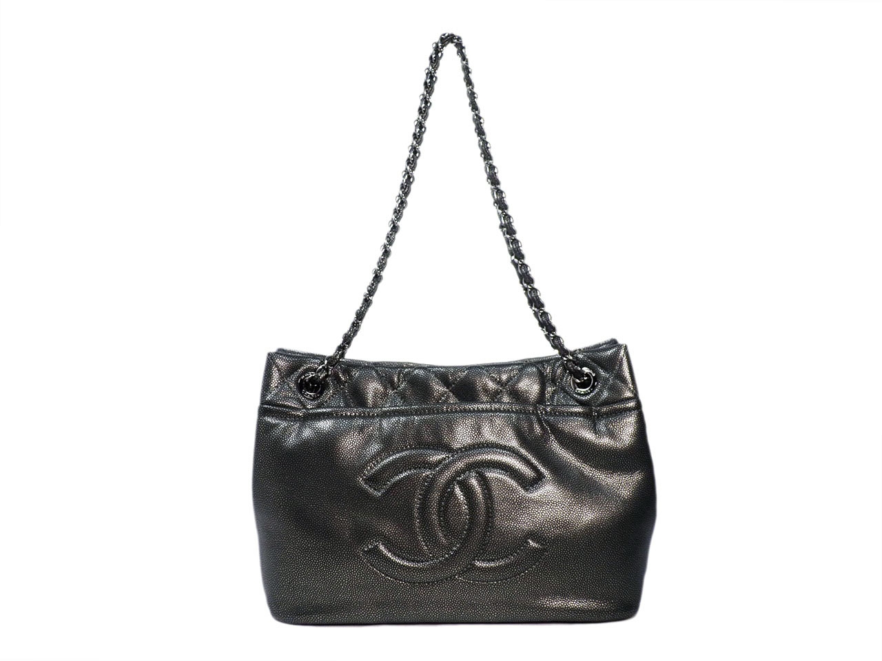 Chanel 14983305 Silver Grey Quilted Caviar Leather Timeless CC Soft Shopping Tote Bag-0