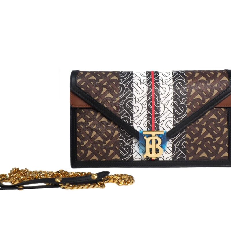 Burberry Small Monogram Strip E-Canvas TB Envelop Clutch/ Crossbody Wallet-on-chain- Bridle Brown-0