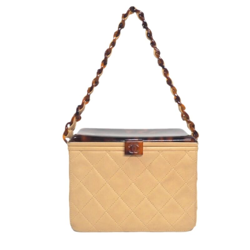 Chanel 4752133 Vintage Beige Lambskin Quilted Resin/ Tortoise Box Bag Resin Hardware-0