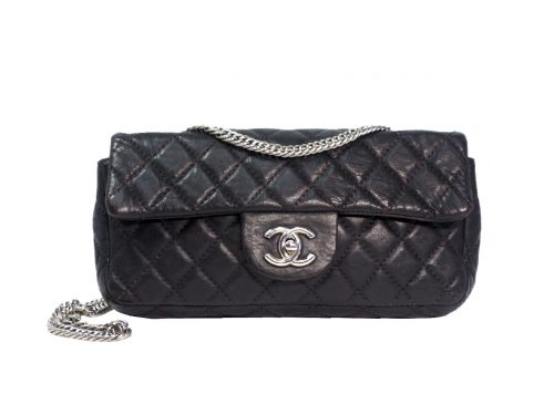 Chanel 12077632 Black Lambskin East West Flap Bag in Silver Hardware